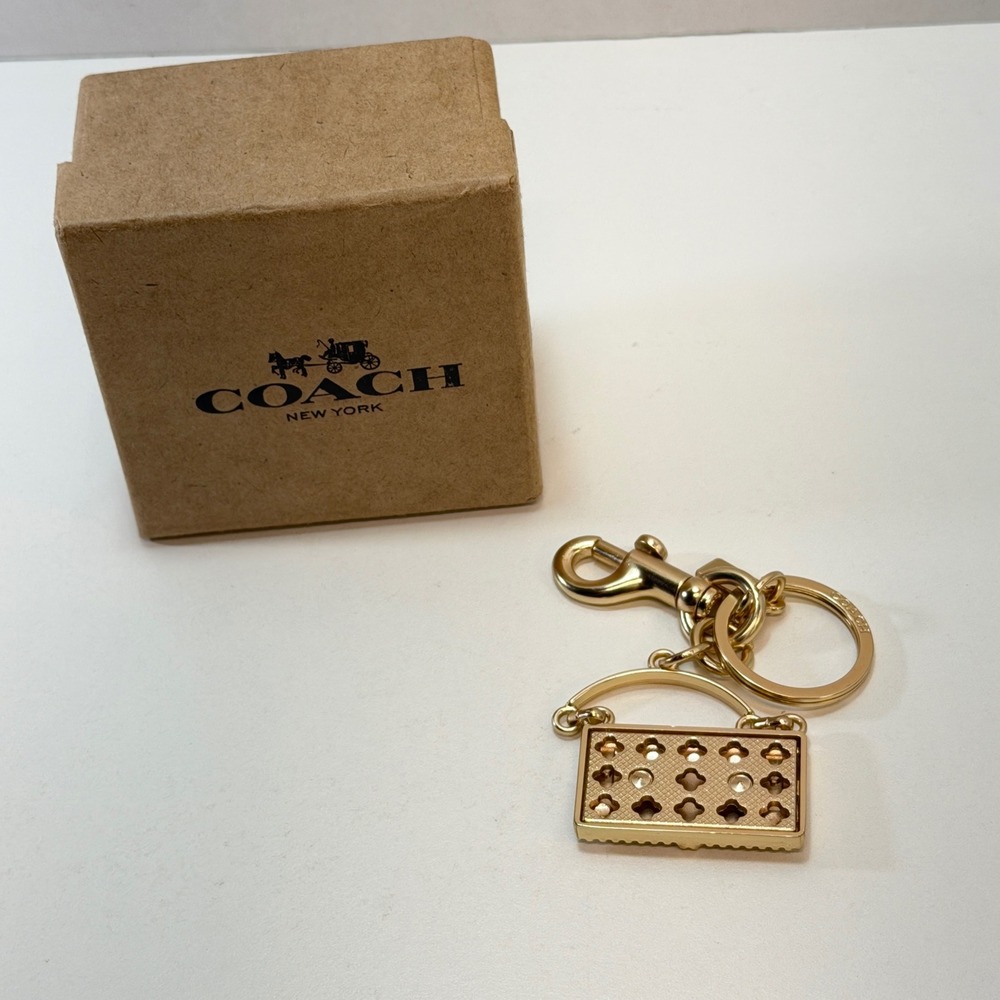 Coach Mini Tabby Bag Keychain Charm Gold Metal Logo Key Fob Box - Picture 3 of 9